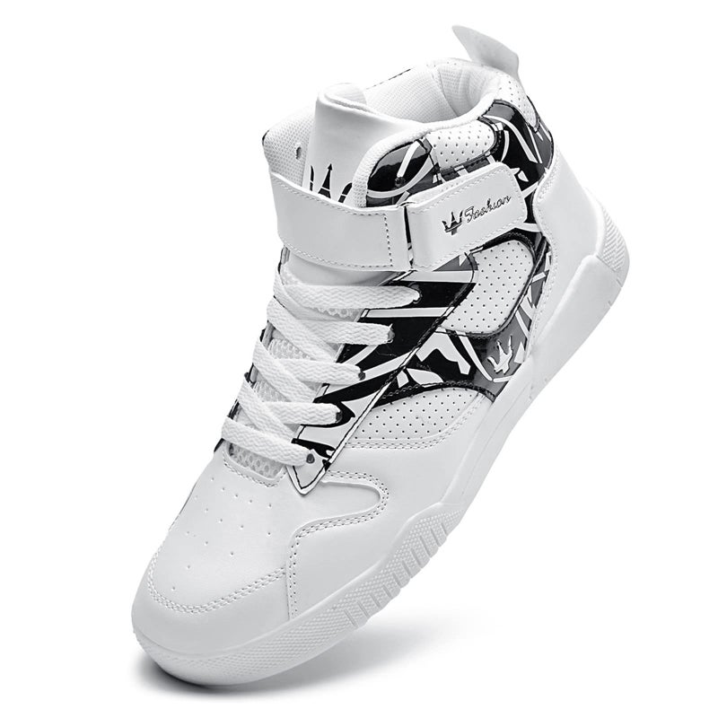 FZUU Men's Fashion High Top Leather Street Sneakers Sports Casual Shoes (10.5, White/Black) - Image 2